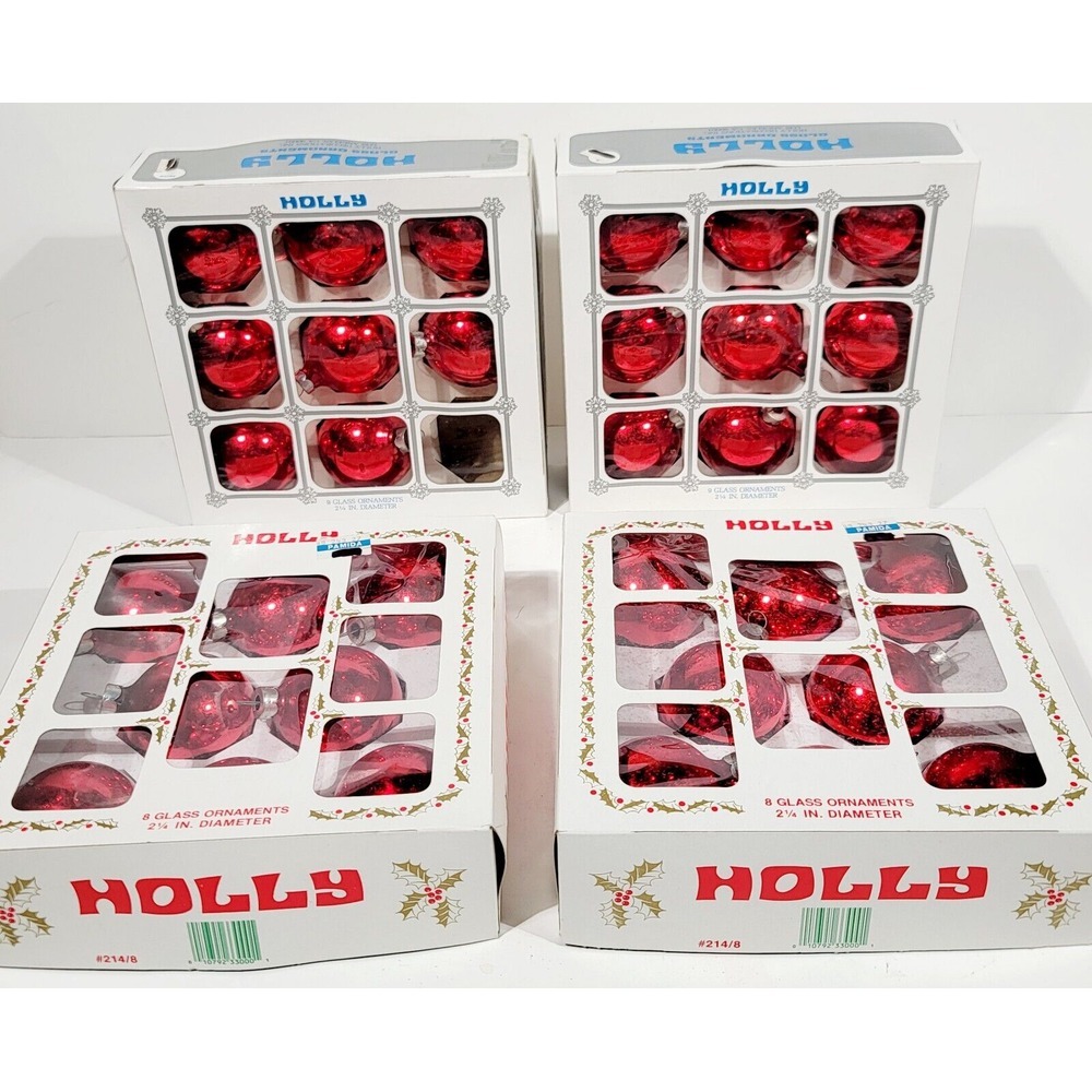 Vintage Holly 33 Red Glass Ball Oranments 2.25" 4 Boxes Made In USA